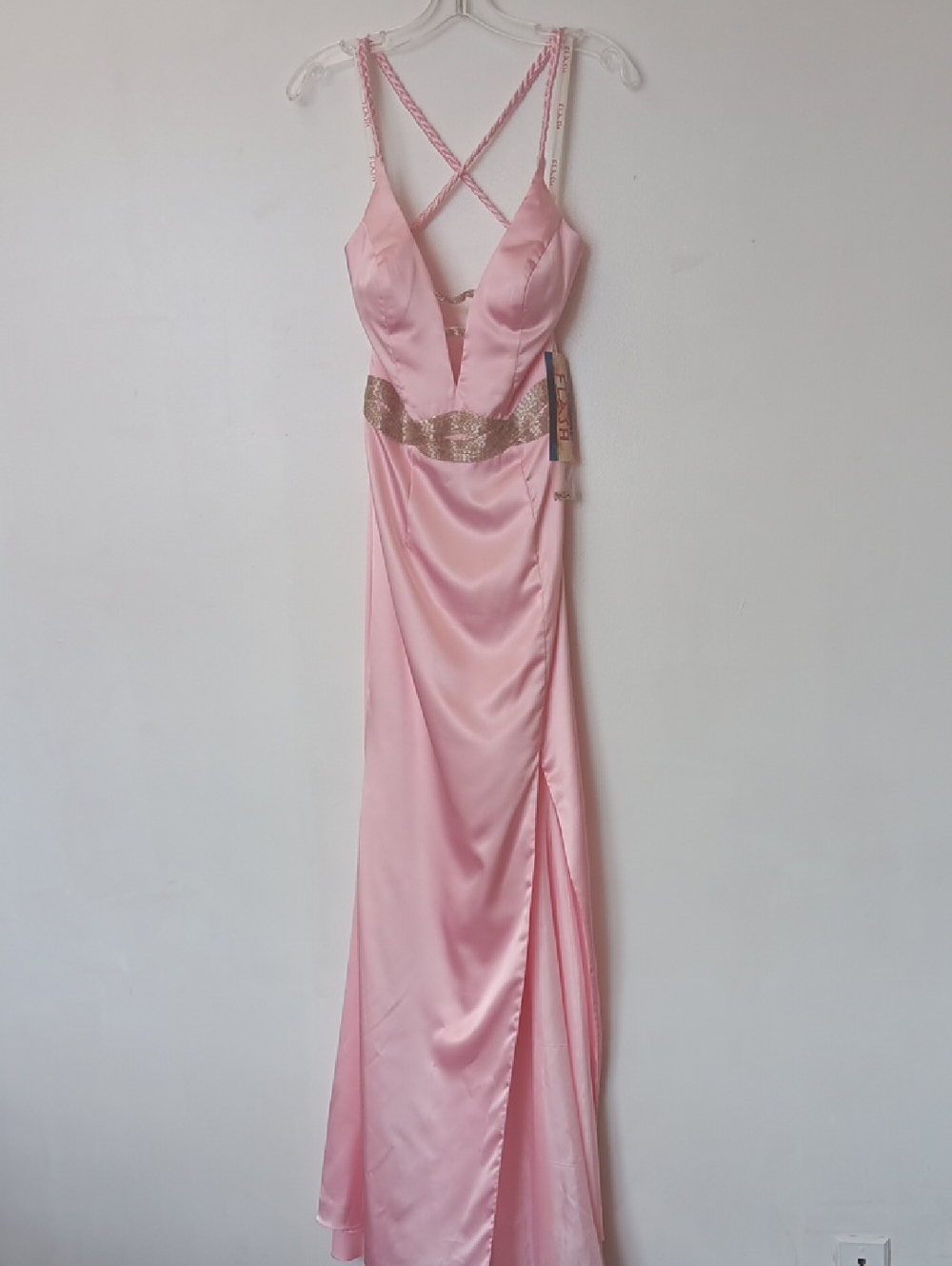 Blush Pink Satin Maxi Dress with Gold Waistband